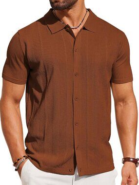 Men's Terracotta Knit Short Sleeve Button Down Polo premium lightweight Shirt